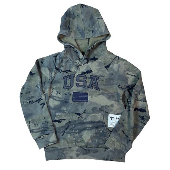 Under Armour X Project Rock Hoodie Loose Veteran's Day USA Camo Green Boys Small - Picture 1 of 7